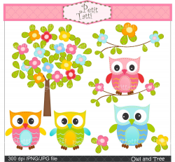 Digital clip art. for all use,Owl and flowers tree, owls ...