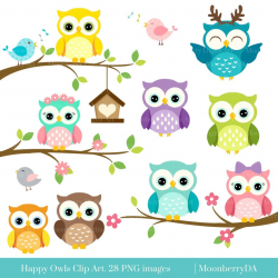 Happy OWLS Clip Art. Digital Owls Clipart. Cute Owls Clipart. Owl PNG  Images. Owl Clipart. Owl Birthday Invitation. Owl Commercial Use.