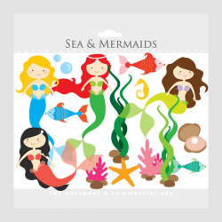 Mermaid clipart - mermaids clip art, little, sea, ocean, fish, seaweed,  pearl, starfish, oysters, fish, for personal and commercial use