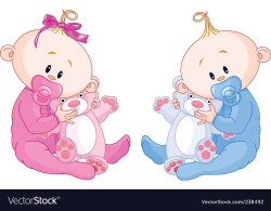 Twin baby boy and girl with pacifiers and toys. | découpage ...