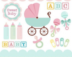 Baby clipart in teal, pink, baby rattles, baby carriage ...