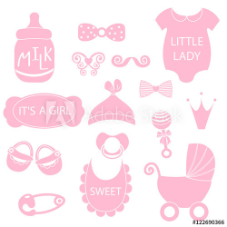 A vector illustration of cute baby girl icons like nappy ...