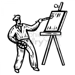 Black and White Artist Painting a Work of Art on a Canvas clipart.  Royalty-free clipart # 156316