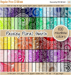 SALE 100 paisley digital paper floral swirl digital paper rainbow  scrapbooking kit pattern clipart 12x12 pastel neutral bright dark colors