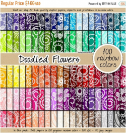 SALE 100 doodled flower digital paper swirl paisley digital paper rainbow  scrapbooking kit pattern clipart 12x12 pastel neutral bright dark