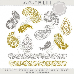 Paisley Clipart PAISLEY STAMPS Gold and Silver Clipart- 10 paisley  arabesques indian stamp + 2 paisley borders in gold and silver glitter