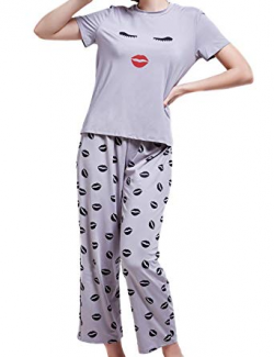 wishpower Women's Summer Pajama Set Cute Print Sleepwear Plus Size Pjs Sets