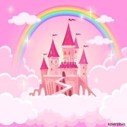 Castle of princess. Fantasy flying palace in pink magic ...