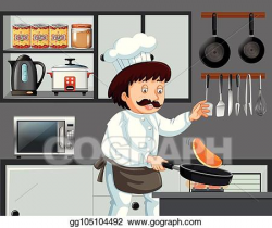 EPS Illustration - A chef cooking pancake in kitchen. Vector ...