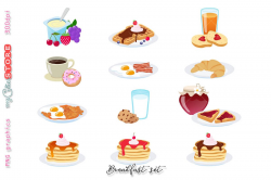 Breakfast collection clipart, yoghurt, bacon with eggs, pancakes, coffee  and donuts, mourning routine png graphics planning.