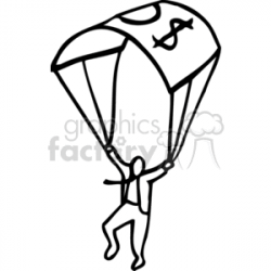 Black and white man flying on a money parachute clipart. Royalty-free  clipart # 159508