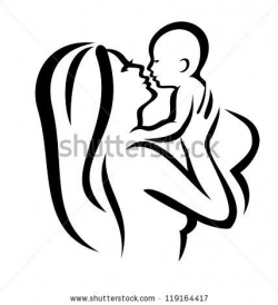 mother and baby vector silhouette, sketch in black lines by ...