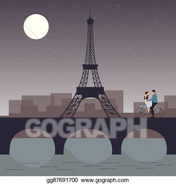 Vector Clipart - Couple bicycle in paris with eiffel tower ...