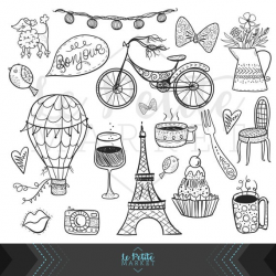 Cute Hand Drawn Digital Paris Clipart Set, Eiffel Tower Clip Art, Bicycle  Cupcake Hot Air Balloon Heart Bird Flower Clipart Illustration Set