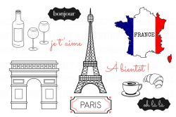 Paris Clipart Eiffel Tower Clipart Arc de Triomphe France French Flag Map  Croissant Coffee Wine Glasses French Phrases
