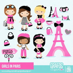 GIRLS IN PARIS - Digital Clipart Set, Paris Clipart, Eiffel ...
