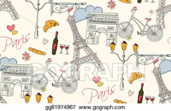 EPS Illustration - Paris symbols, postcard, seamless pattern ...