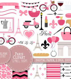Paris Clipart Set, Pink Paris Clipart, 32 PNGs, 5 Paris Digital Paper JPGs,  Commercial Use