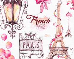 French Paris. Watercolor Clipart, shoes, fashion, bulldog, eiffel tower,  france, baloons, arrow, bow, gift, glam, stickers, romantic, diy