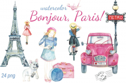 Bonjour, Paris watercolor clip art