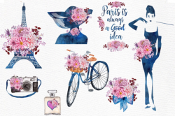 Paris Watercolor clipart: Eiffel tower clipart Teal Flowers Floral clipart  Paris Quotes Audrey png