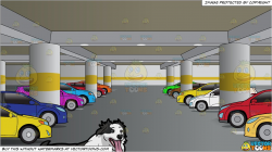 A Border Collie Dog Taking A Break and An Underground Parking Lot Filled  With Cars Background