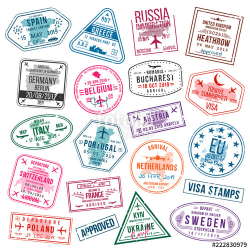 Set of visa stamps for passports. International and ...