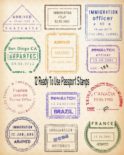 PASSPORT STAMP Clipart - 24 Digital Clip Art Images - EDITABLE Templates -  Vintage Travel Graphic - Instant Download - Bonus Images