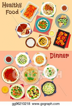 Clip Art Vector - Healthy dinner dishes icon set for food ...
