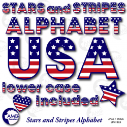 Patriotic Alphabet Clipart, USA, Red, White and Blue, 4th of July Clipart,  Memorial Day, Stars and Stripes, AMB-919
