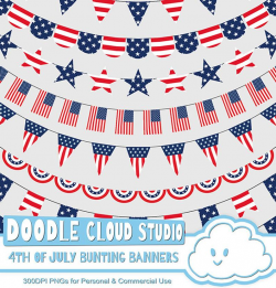 4th of July bunting banners clipart, patriotic flags, stars & stripes  banners, transparent Background, Instant Download, Commercial Use.