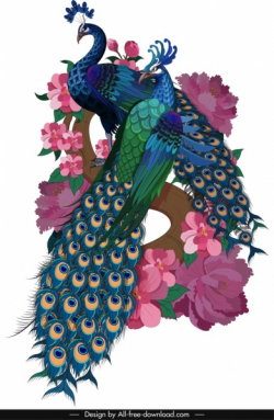 Peacock painting couple blooming floral icons sketch Free ...