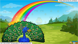 A Peacock Showing Off Its Colorful Feathers and Pot Of Gold At The End Of  The Rainbow Background