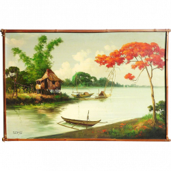 Filipino art tropical landscape painting dated 1968 signed R.P. ...