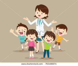 Doctor and kids.Children Clinging on to a Pediatrician.Boy ...