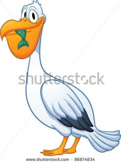 Cartoon pelican eating a fish. Vector illustration with ...