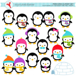 Penguins Clipart Set - clip art set of penguins, winter penguins, igloo,  scarfs, hats - personal use, small commercial use, instant download