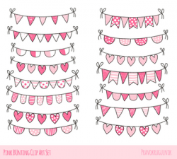 Cute Valentine doodle buntings clipart, Pink love heart banner clip art  pennant