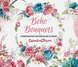 Boho Bouquets Clipart, Watercolor Boho Peony, Hand Painted Wreath, Instant  Download Pink Blue Flowers Boho Flowers, Wedding Invitations Pack