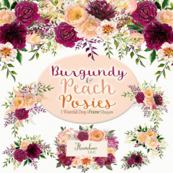 Peach and Burgundy Peony Watercolor Floral Clipart Bouquets, Waterfall Drop  Arrangement, and Border Frame