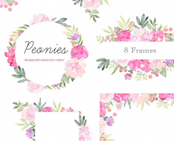 Floral Clip Art - Peonies Flower Frames, Pink Peony Clipart, watercolor,  Floral Borders, Wedding Invitations, bridal graphics, template
