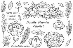Hand drawn Doodle Peonies Clipart, Flower Silhouettes, Doodle flowers, PNG,  EPS, AI, vector, Personal and Commercial Use