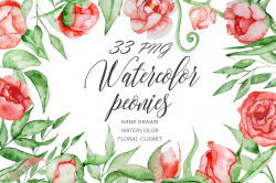Watercolor red romantic peonies clipart Floral elements