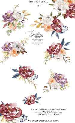 Burgundy & Navy Watercolor Floral Clipart, Boho Floral ...