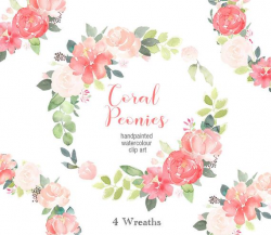 Coral Peony Clip Art - 4 Floral Wreaths, Flower Border, Peonies Clipart,  pink peach roses peony wedding graphics, digital scrapbooking, PNG