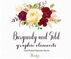 Burgundy and Gold Watercolor Clipart Elements, Burgundy Flower Marsala and  Gold Roses with Wine and Bordeaux, Yellow Peonies and Bouquets