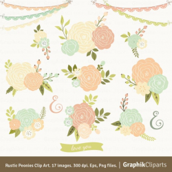 Rustic Peonies. Spring clip art, Vector flowers, Dahlia clipart. 17 Eps,  Png files.