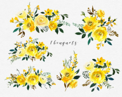 Yellow Watercolor Flowers Peonies Roses Clipart Set Wedding ...