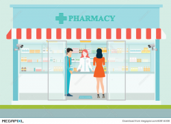 Female Pharmacist At The Counter In A Pharmacy. Illustration ...