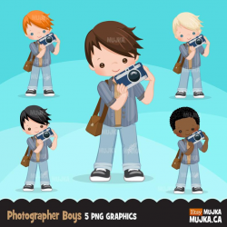 Photographer boys clipart, reporter characters, african american, card  making, planner stickers, cookie, profession, camera, outdoors